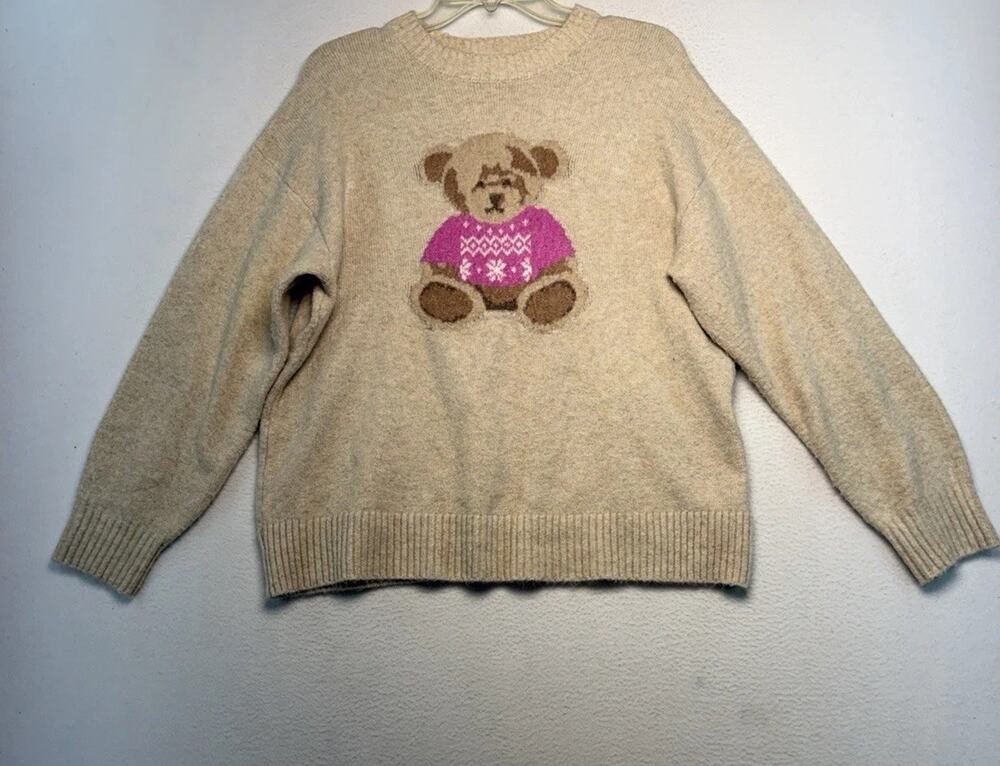 Women’s Large 14/16 Long Sleeve Crew Neck Tebby Bear Sweater Tan/Pink Cozy Soft